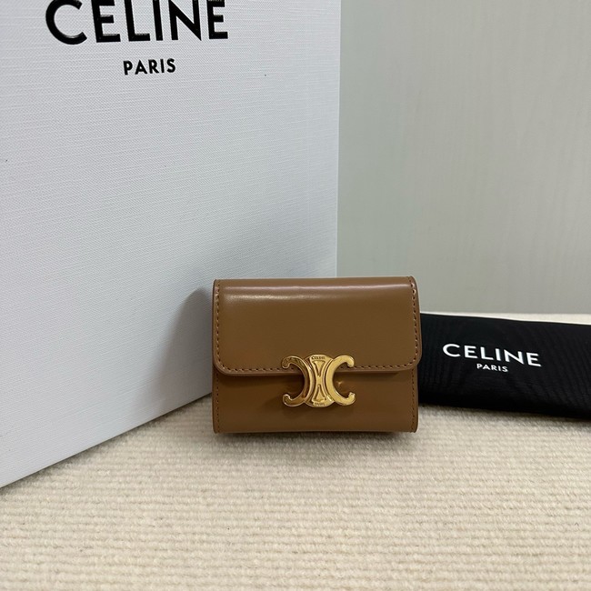 Celine SMALL FLAP WALLET TRIOMPHE IN SHINY CALFSKIN 10D783 SMOKED BROWN