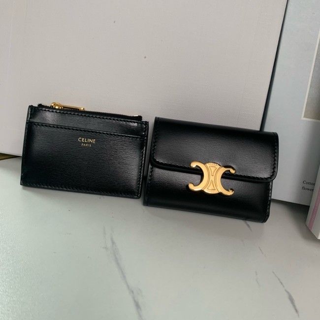 Celine SMALL FLAP WALLET TRIOMPHE IN SHINY CALFSKIN 10L653 black