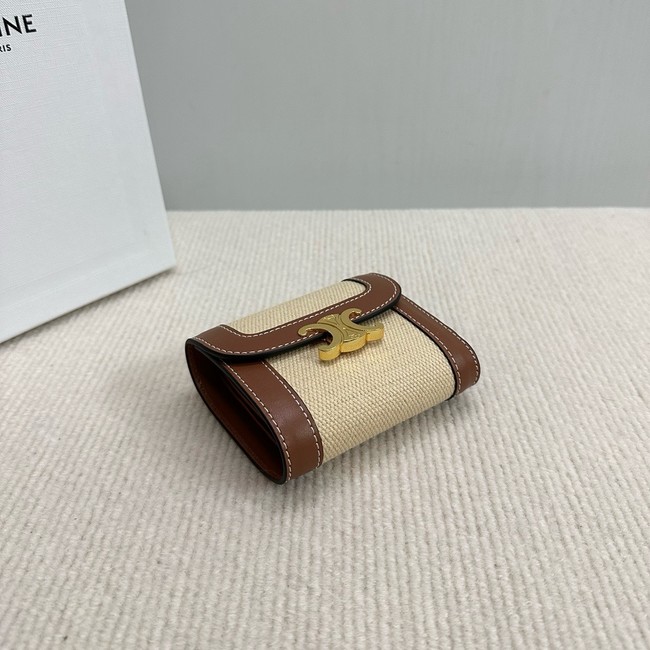 Celine SMALL FLAP WALLET TRIOMPHE IN TEXTILE AND CALFSKIN 10D783 NATURAL & TAN