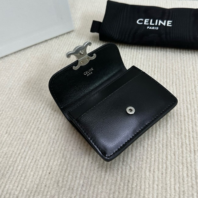 Celine CARD HOLDER WITH FLAP TRIOMPHE IN SHINY CALFSKIN 10I583 black&SILVER