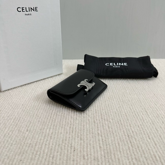 Celine CARD HOLDER WITH FLAP TRIOMPHE IN SHINY CALFSKIN 10I583 black&SILVER