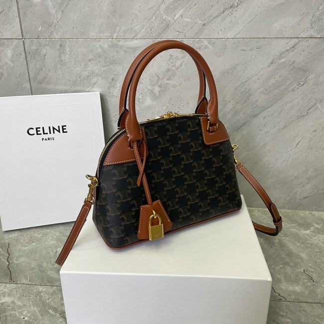 Celine SMALL BOWLING IN TRIOMPHE CANVAS AND CALFSKIN 121082 TAN 