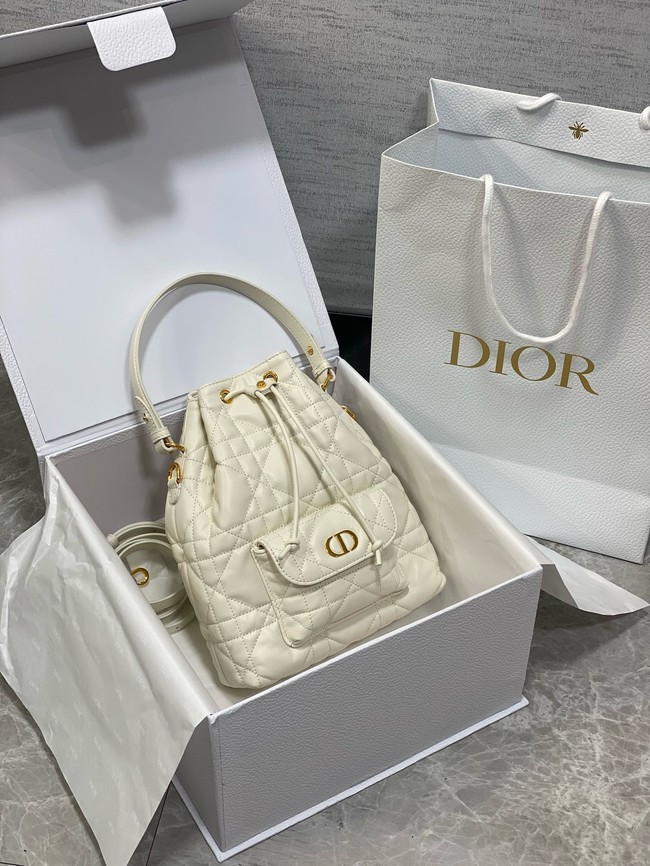 Small Dior Caro Bucket Bag Macrocannage Lambskin M3372 Latte 