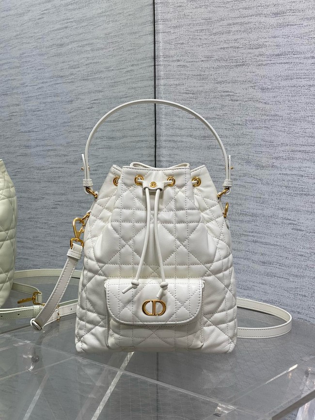 Small Dior Caro Bucket Bag Macrocannage Lambskin M3372 Latte 