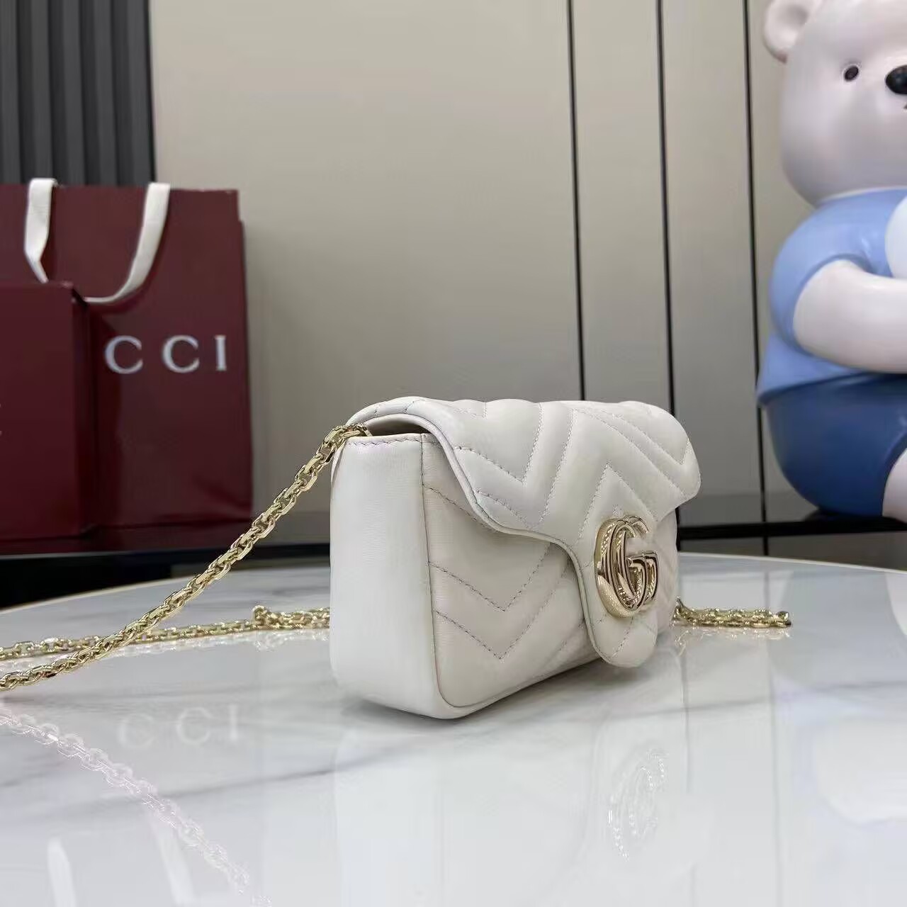 GUCCI GG MARMONT MINI SHOULDER BAG 841290 White&Light Gold-Tone