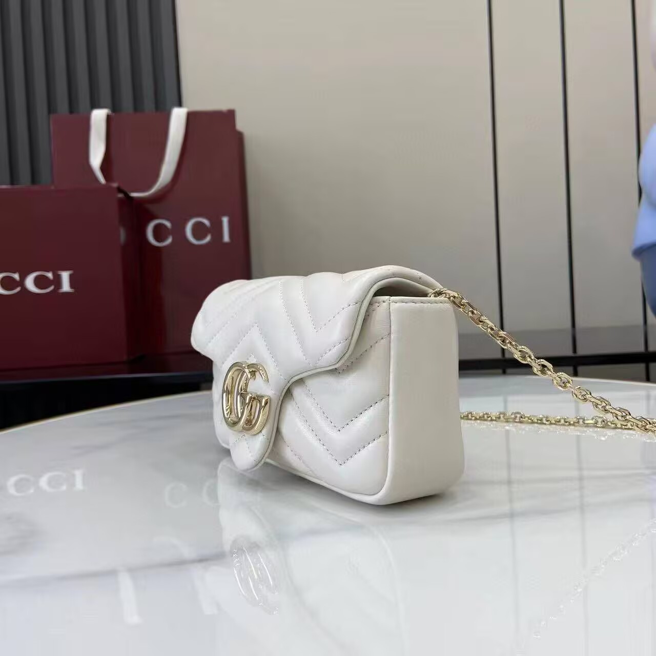 GUCCI GG MARMONT MINI SHOULDER BAG 841290 White&Light Gold-Tone