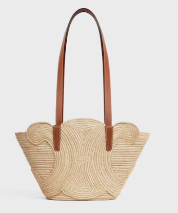 CELINE CLASSIC PANIER SMALL BRAIDED TRIOMPHE in RAFFIA and CALFSKIN 117022 TAN