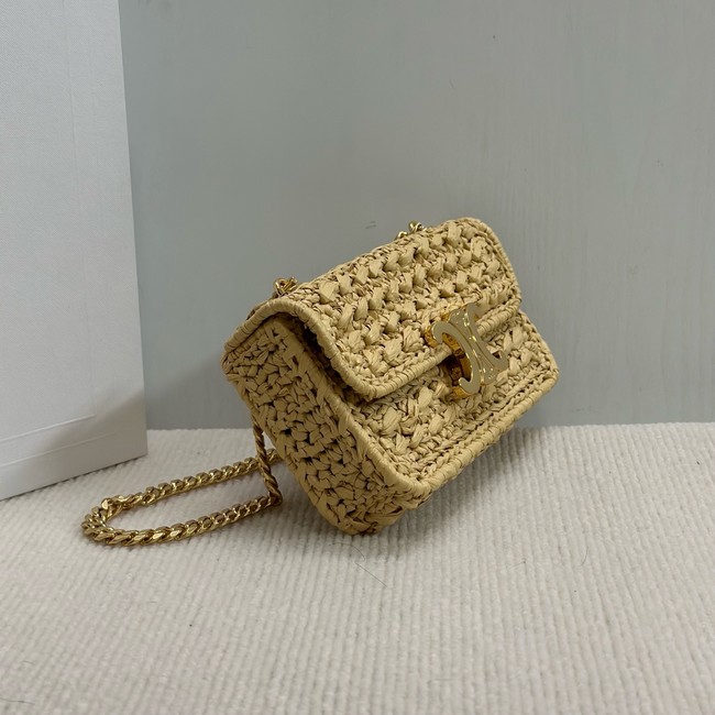 Celine CHAIN SHOULDER BAG CLAUDE IN RAFFIA EFFECT TEXTILE 112252 NATURAL & TAN