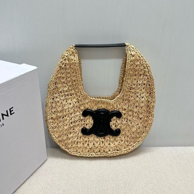 celine classic panier HOBO BAG IN Raffia and Calfskin 112772 NATURAL / BLACK