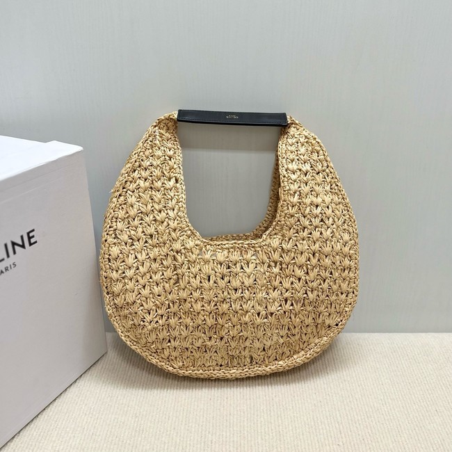 celine classic panier HOBO BAG IN Raffia and Calfskin 112772 NATURAL / BLACK