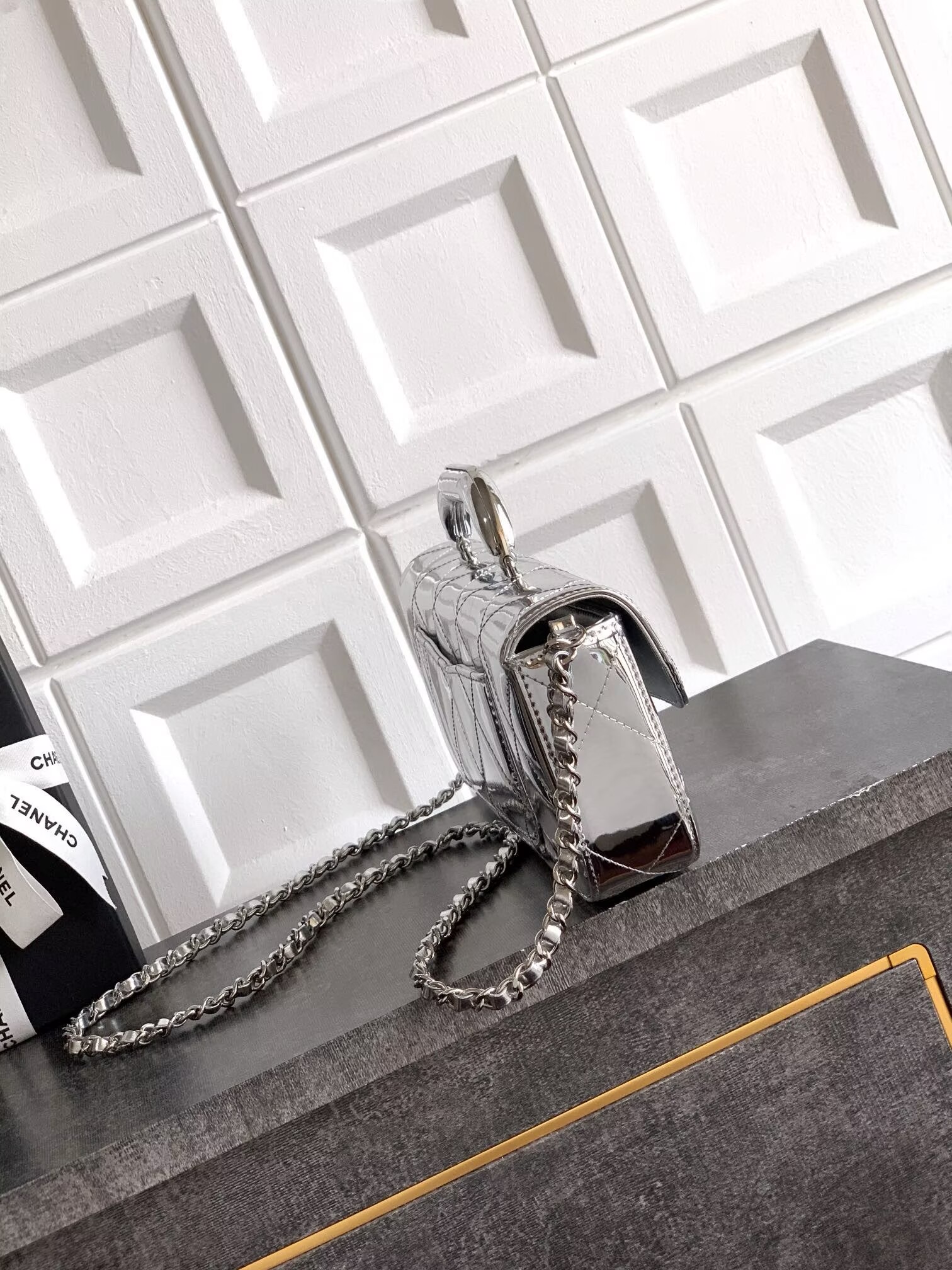 Chanel 25K Original Patent Leather Top Handle Bag A6321 Silver