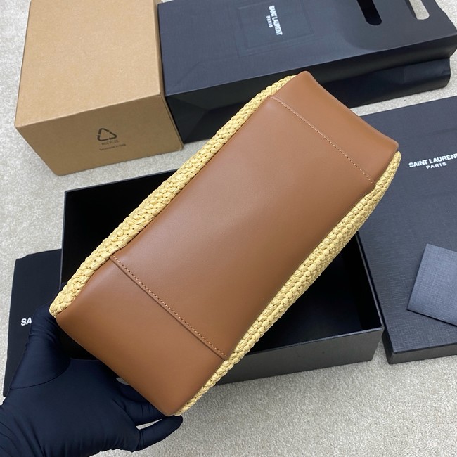 Saint Laurent LE 5 A 7 supple small in raffia and leather 823812 PALE BROWN AND BRICK