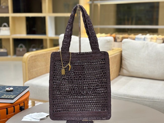 Chloe SUMMER straw and leather tote bag 0824P dark brown