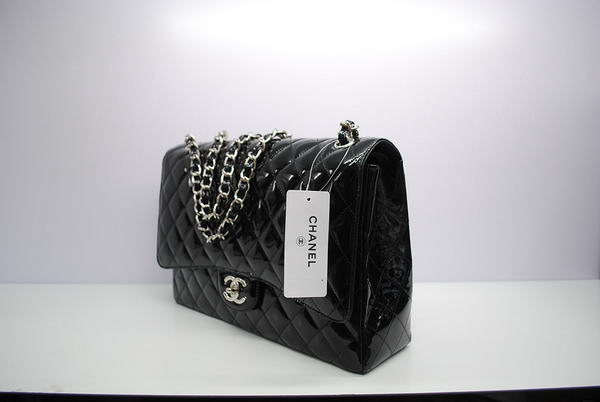 Chanel Maxi Double Flaps Bag A36098 Black Original Patent Leather Silver Chanel Maxi Double Flaps Bag A36098 Black Original Patent Leather Silver