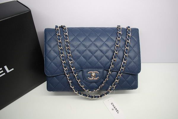 Chanel Maxi Double Flaps Bag A36098 Blue Original Caviar Leather Silver Chanel Maxi Double Flaps Bag A36098 Blue Original Caviar Leather Silver