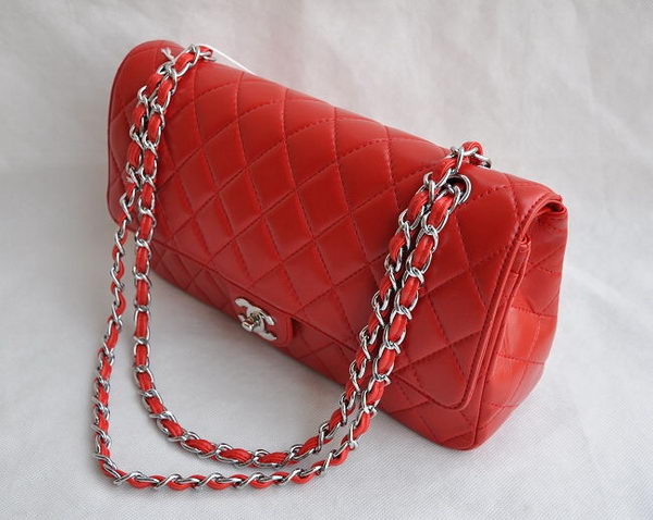 Chanel Classic 2.55 Series Red Lambskin Silver Chain Quilted Flap Bag 1113 Chanel Classic 2.55 Series Red Lambskin Silver Chain Quilted Flap Bag 1113
