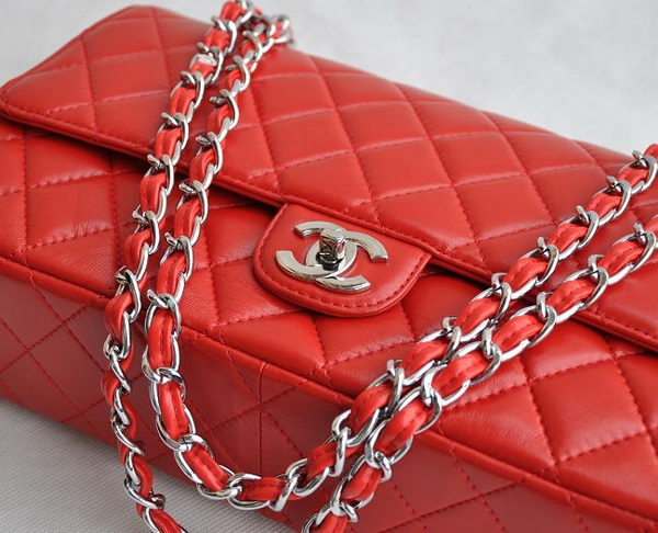 Chanel Classic 2.55 Series Red Lambskin Silver Chain Quilted Flap Bag 1113 Chanel Classic 2.55 Series Red Lambskin Silver Chain Quilted Flap Bag 1113