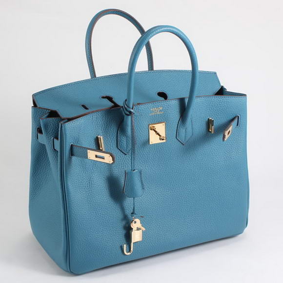Hermes Birkin 35CM Togo Leather Handbag 6089 Blue Golden