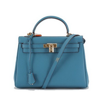 Hermes Kelly 32cm Togo Leather Handbags 6018 Blue Golden Hermes Kelly 32cm Togo Leather Handbags 6018 Blue Golden
