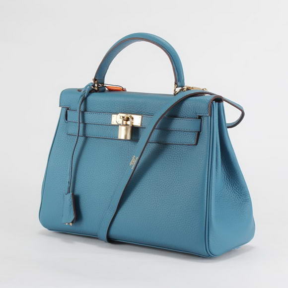 Hermes Kelly 32cm Togo Leather Handbags 6018 Blue Golden