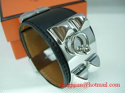2010 Hermes Black Leather Silver Bangle 1171 2010 Hermes Black Leather Silver Bangle 1171