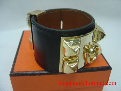 2010 Hermes Medor Bracelet Black Leather Gold Bangle 1171 2010 Hermes Medor Bracelet Black Leather Gold Bangle 1171