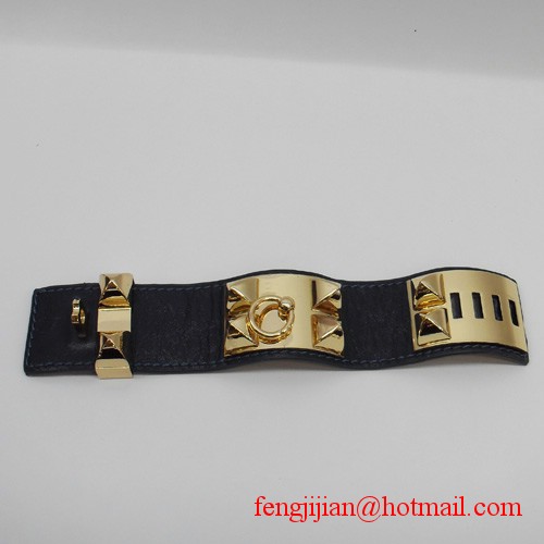 2010 Hermes dark blue Leather Gold Bangle 1171 2010 Hermes dark blue Leather Gold Bangle 1171