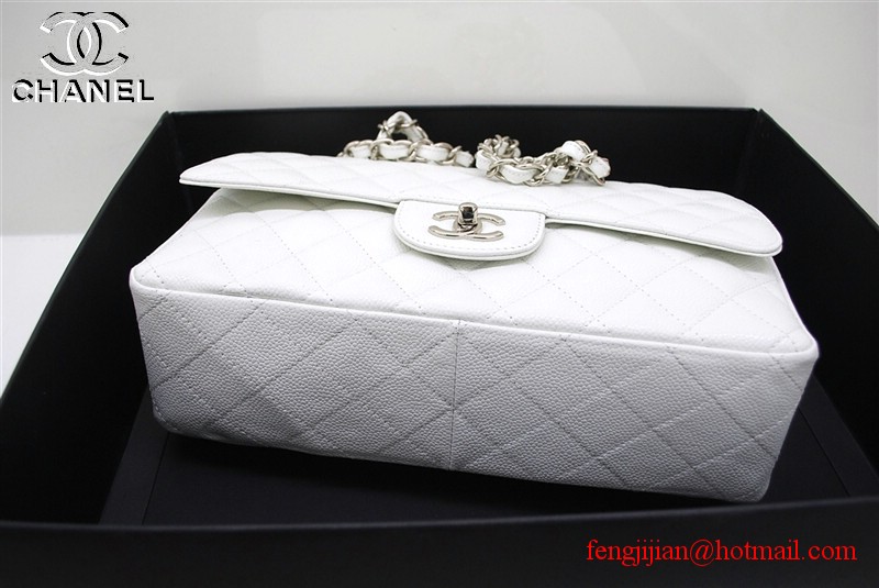 Chanel Jumbo Caviar Flap Bag 36076 White Silver Chain Chanel Jumbo Caviar Flap Bag 36076 White Silver Chain