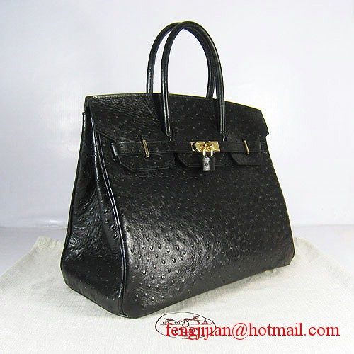 Hermes Birkin 35cm Ostrich Veins Handbag Black 6089 Gold Hardware Hermes Birkin 35cm Ostrich Veins Handbag Black 6089 Gold Hardware